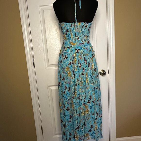 A.L.C. VIOLET BLUE TEAL SILK PRINTED HALTER SLEEVELESS ASYMMETRIC MIDI DRESS - Picture 8 of 9